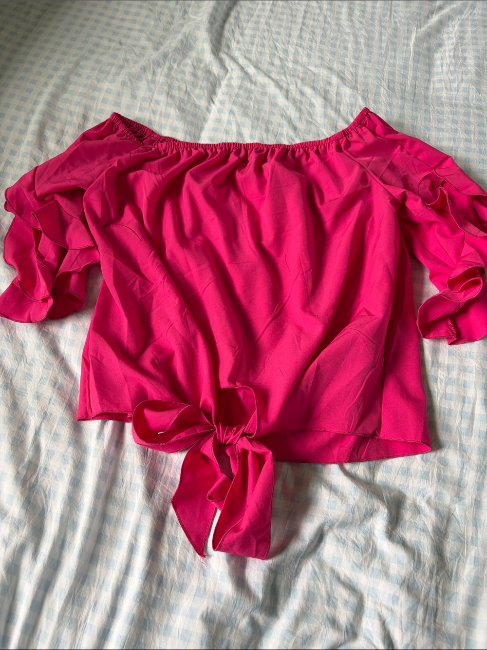 SHEIN Bright Pink Off-Shoulder Tie-Front Ruffle Blouse